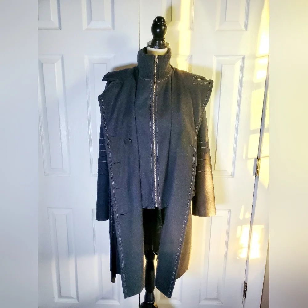 Miss Sixty Gray Wool Blend Belted Womens Coat With Ribbed Bib Collar - Picture 7 of 15